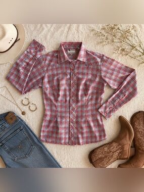 Vintage Dan River Western Pearl Snap Plaid Shirt Women’s Size 10 Pink Blue